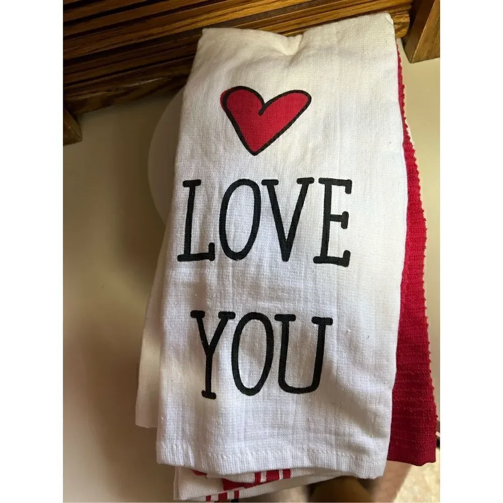 Love You More Love You And Solid Red Set Of 3 Kitchen Towels